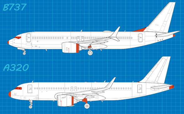 מטוסי שתי החברות 1: שימו לב להבדלים בבסיס הזנב, צורת חלון הקוקפיט, וחיפוי הגלגלים באיירבוס. בבואינג 737 הגלגלים לא מכוסים לחלוטין, וחשופים תוך כדי טיסה