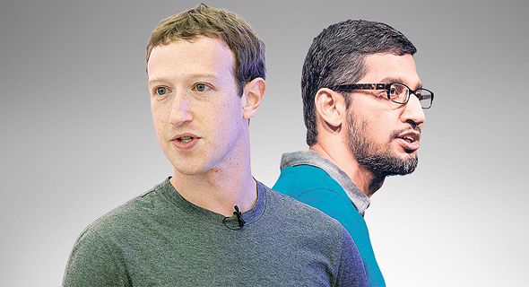 מימין: מנכ"ל גוגל סונדאר פיצ'אי ומייסד פייסבוק מארק צוקרברג