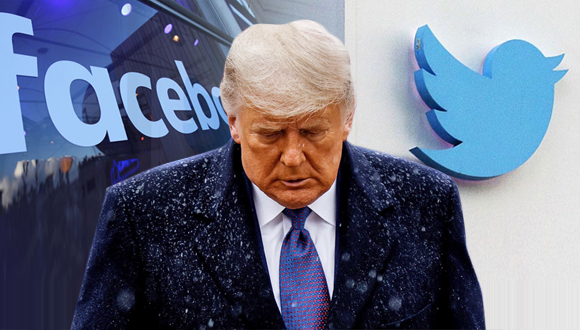 טראמפ על רקע הלוגואים של פייסבוק וטוויטר