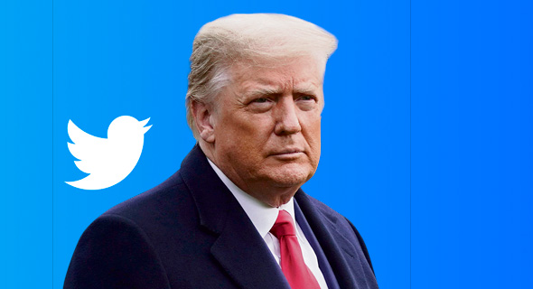 נשיא ארה"ב דונלד טראמפ על רקע לוגו טוויטר, צילום: אתר TechCrunch איי פי