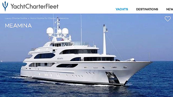 היאכטה המפוארת של שטיינמץ Meamina. חוזה פיקטיבי להשכרתה, צילום מסך מאתר: yachtcharterfleet.com
