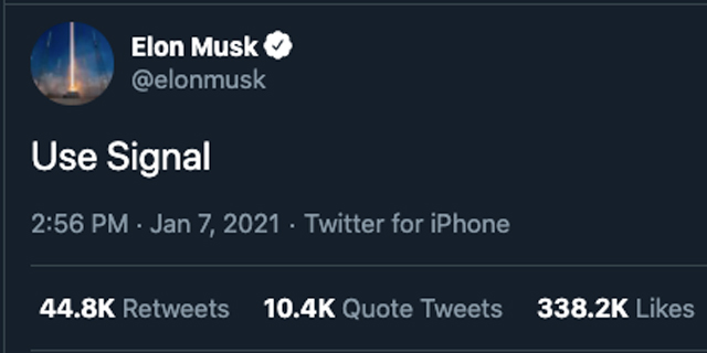 Elon Musk is among the fans of Signal. Photo:Twitter/ElonMusk