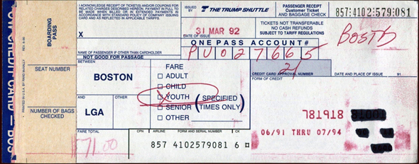 כרטיס טיסה של טראמפ שאטל, צילום: airticketshistory 