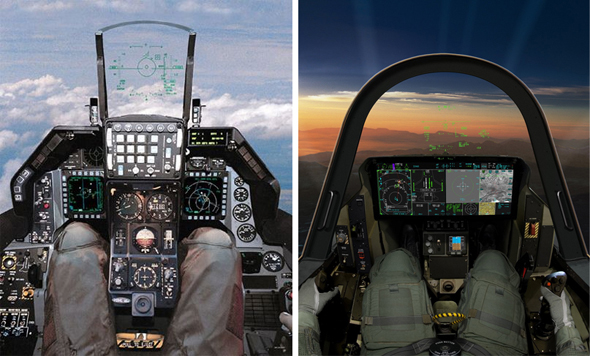 ככה נראית קפיצת דור: משמאל נמצא הקוקפיט של ה-F16A, ולידו זה של ה-F35, צילום: Lockheed Martin