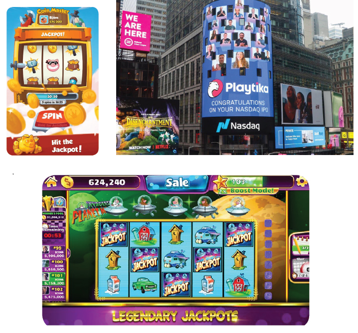 מימין למעלה עם כיוון השעון: שלט חוצות בניו יורק ביום הנפקת פלייטיקה בנאסד"ק והמשחקים Jackpot Party של SciPlay ו־Coin Master של מון אקטיב הישראלית