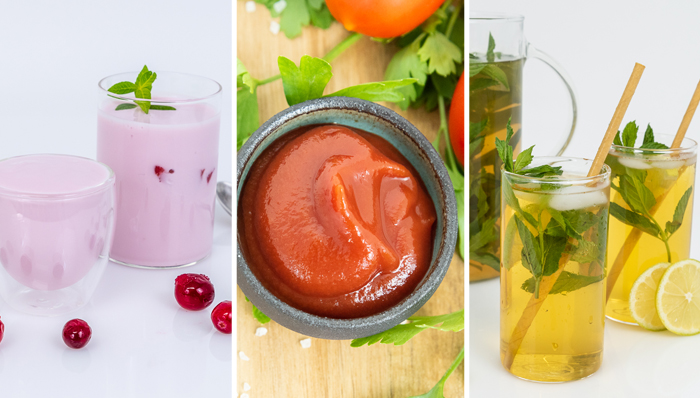 Some of Amai&#39;s products (from right to left): ice tea, ketchup, and cherry-flavored yogurt. Photo: Pazit Assouline