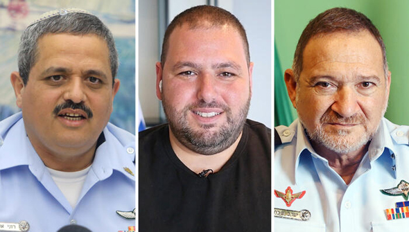 Former police chief Roni Alsheikh (left), NSO founder Shalev Hulio and former police chief Yohanan Danino. Former Photos: Elad Gershgoren and Alex Kolomoisky