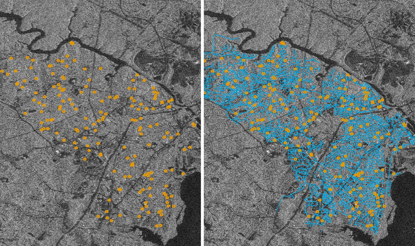 Asterra&#39;s satellite imagery enables teams to note potential areas where leaks may occur (in yellow, left), and then overlays a map of all water pipes (in blue, right). Photo: Asterra
