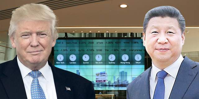 מימין נשיא סין שי ג'ינפינג נשיא ארה"ב דונלד טראמפ על רקע הבורסה בתל אביב