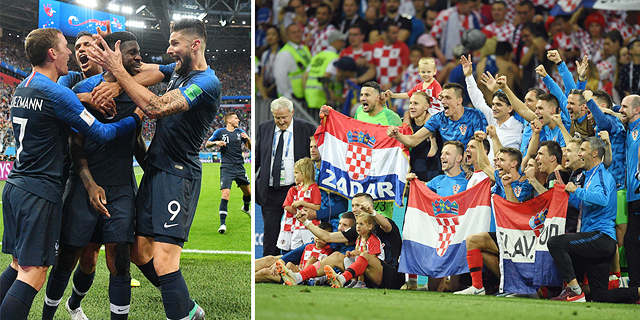 מימין שחקני קרואטיה שחקני צרפת חוגגים ניצחונות בחצי גמר המונדיאל 2018