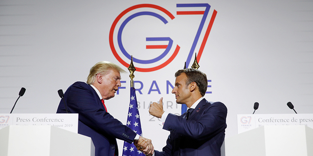 נשיא צרפת עמנואל מקרון ו נשיא ארה"ב דונלד טראמפ בסיום פסגת G7