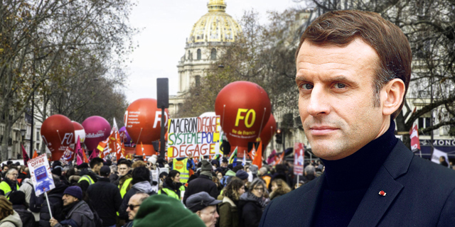 נשיא צרפת עמנואל מקרון ברקע הפגנה שלשום ב פריז 