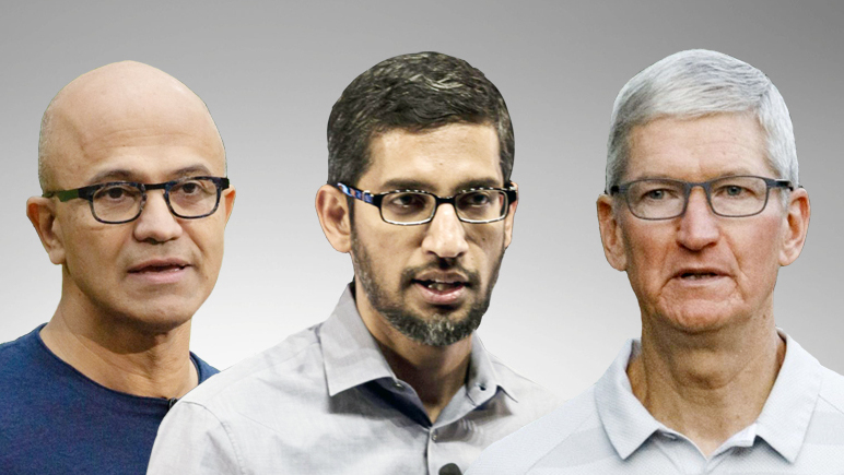 מימין טים קוק מנכ"ל אפל סונדאר פיצ'אי מנכ"ל גוגל סאטיה נדלה מנכ"ל מיקרוסופט