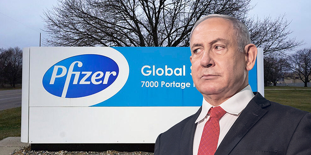 ראש הממשלה בנימין נתניהו על רקע שלט חברת פייזר