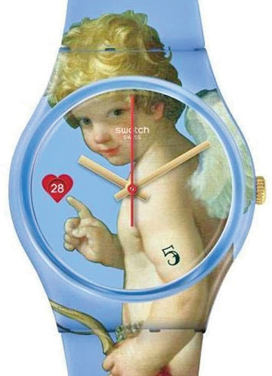 שעון סווטש עם קופידון מיצירה של גווידו רני הנמכרים באתר הלובר. יש גם בושם ומשחק מונופול, צילום: מוזיאון הלובר