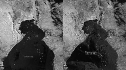 תמונה מהלוויין Copernicus Sentinel-1. התנועה הימית במפרץ סואץ לפני ואחרי שהספינה נתקעה, European Space Agency