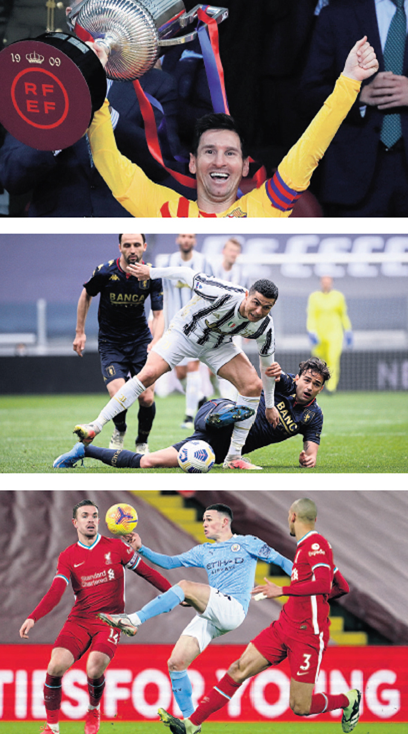מלמעלה: מסי עם הגביע הספרדי השבוע, רונאלדו, ושחקני ליברפול ומנצ
