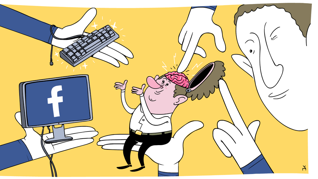 איור טכנולוגי מארק צוקרברג מחזיק משתמש פייסבוק בכף ידו ומחטט במוחו