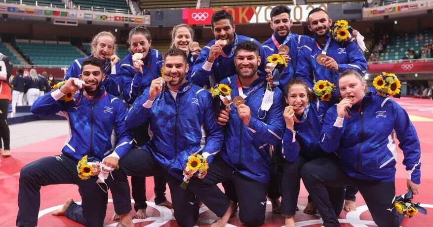 נבחרת ישראל ב ג'ודו עם מדליות הארד טוקיו 2020