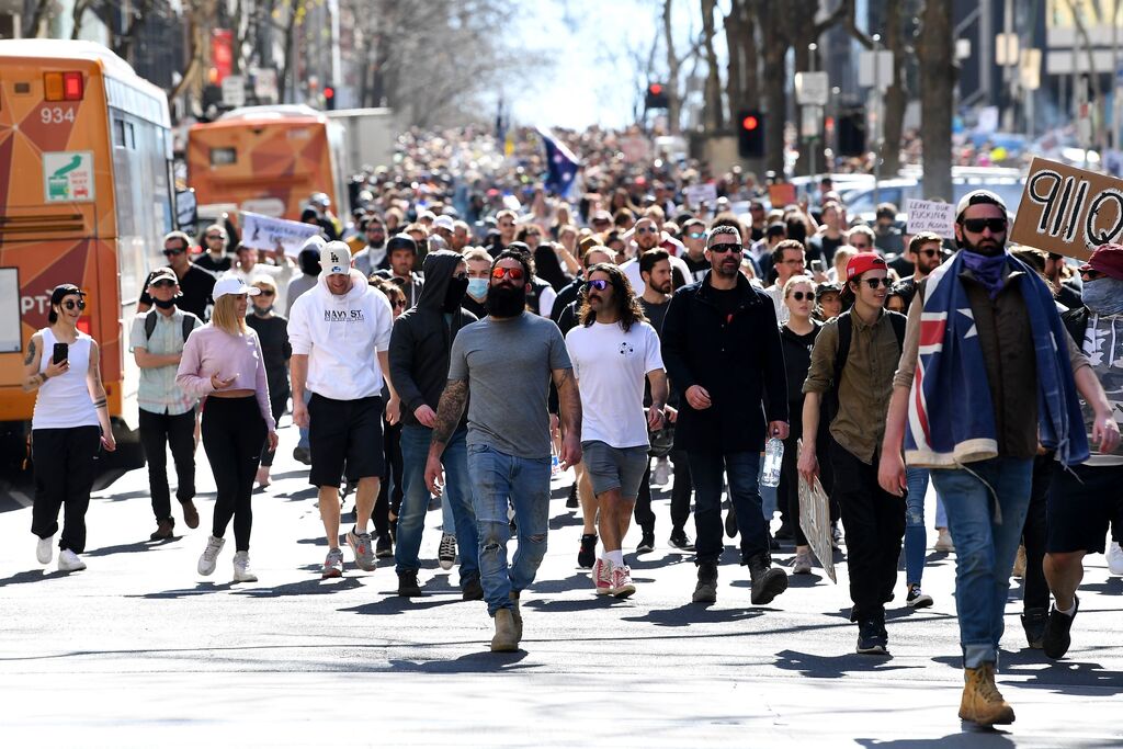 הפגנה ב מלבורן אוסטרליה נגד ה סגר קורונה