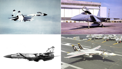 מימין למעלה, בכיוון השעון: F15 אמריקאי, F14 אמריקאי, מיג 25 רוסי, סוחוי 27 רוסי, צילום: Wikimedia