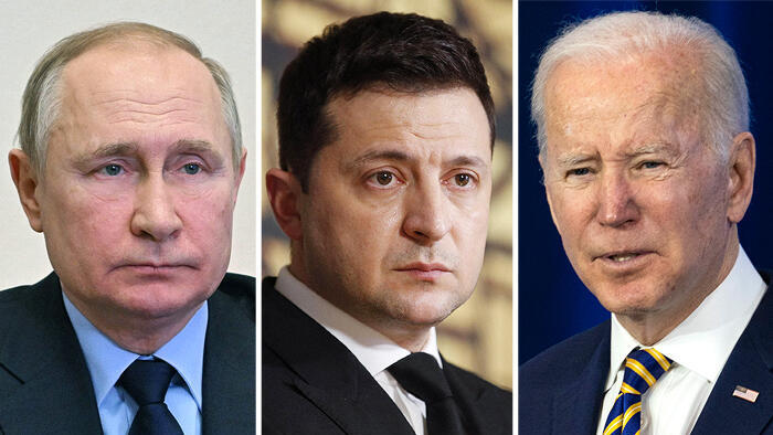 נשיא ארה"ב ג'ו ביידן נשיא אוקראינה ולדימיר זלנסקי ונשיא רוסיה ולדימיר פוטין 