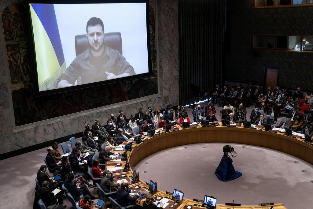 נשיא אוקראינה וולודימיר זלנסקי בנאום בפני מועצת הביטחון של האו"ם