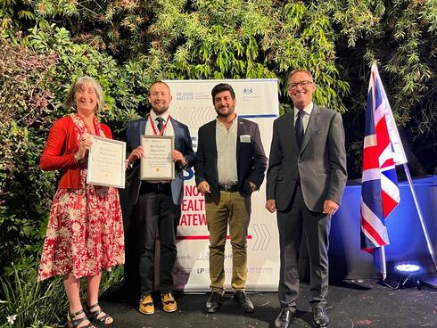 Right to left: Neil Wigan, British Ambassador to Israel, Idan Fisher, Director, UK Israel Tech Hub, Chris McKee, Leeds Teaching Hospital, and Kathy Scott, AHSN 