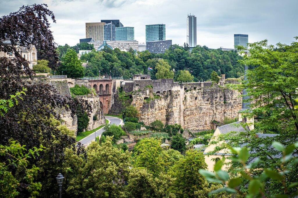 Luxembourg City view on the Casemates overlooking the Grund and the Kirchberg plateau