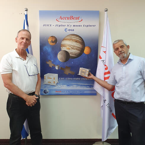 AccuBeat CEO Benny Levy (right) and Project Manager Rony Mann hold up one of the company's clocks. 