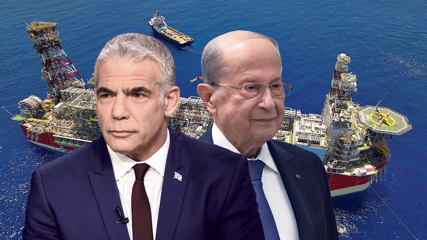 מימין נשיא לבנון מישל עאון וראש הממשלה יאיר לפיד על רקע אסדת מאגר ה גז כריש של אנרג'יאן