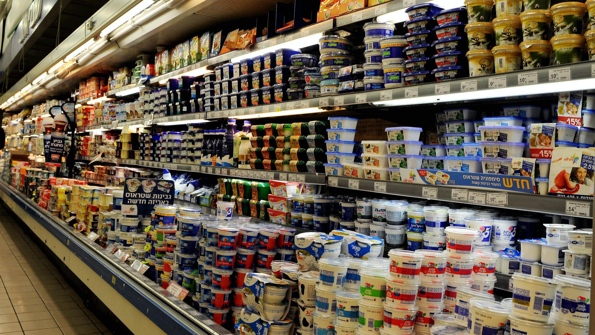 מדפים של מוצרי חלב  ב סופרמרקט