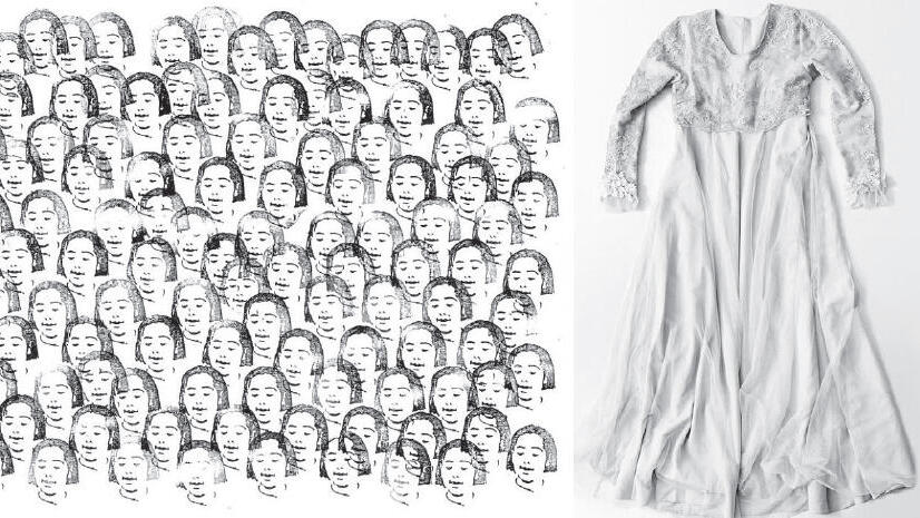 פנאי  לאיה אבריל מימין: בגדי נאנסת שהציגה אבריל ופרט מתוך התערוכה שלה על "היסטריה נשית