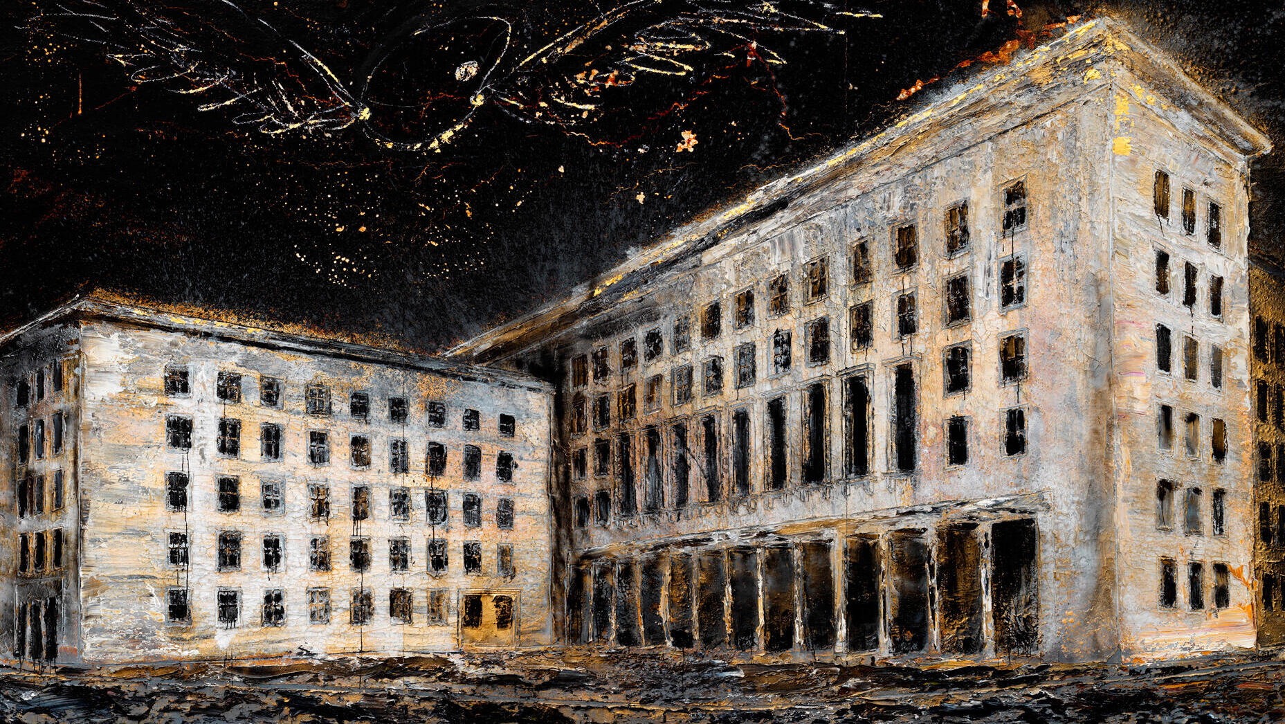 פנאי סטודיו הצייר מתוך אקסודוס ציורי ענק של מבנים וחורבות