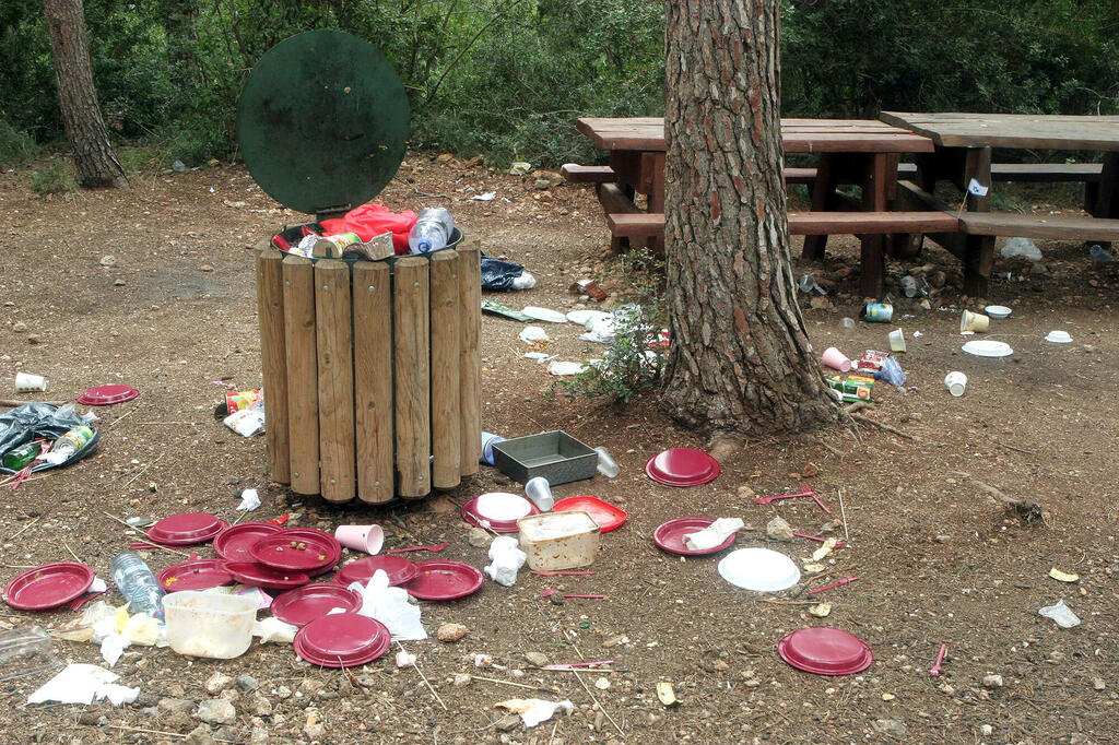 אשפה כלים חד פעמיים בתום חגיגות יום העצמאות בחניון חורש טבעי בכרמל