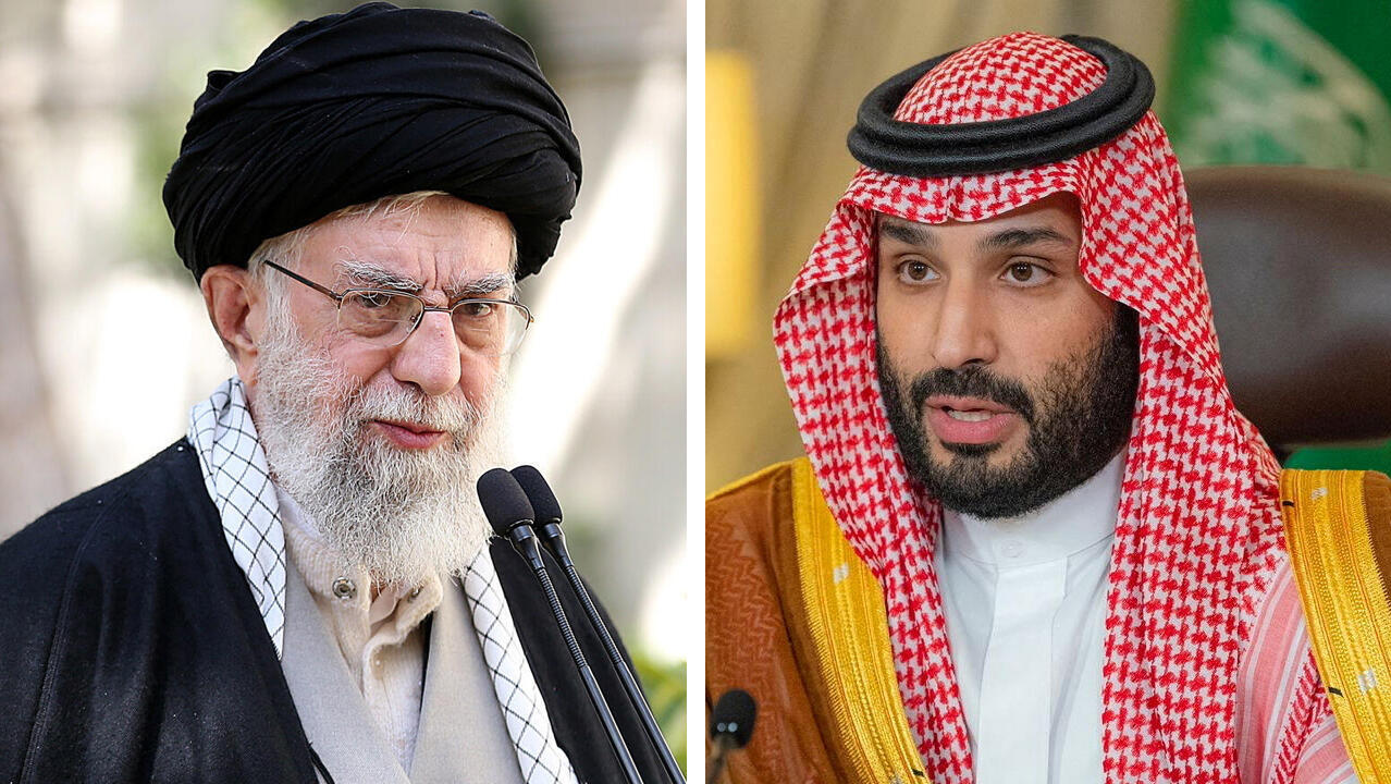 מימין ראש ממשלת סעודיה מוחמד בן סלמאן ו עלי חמינאי המנהיג הרוחני של איראן 