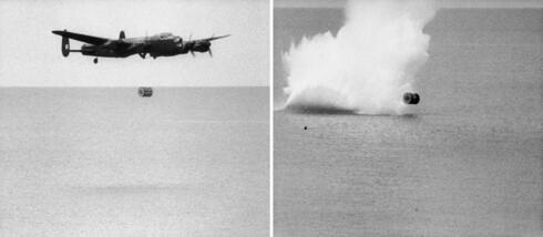 לנקסטר מטיל פצצה מקפצת בניסוי, צילום: IWM