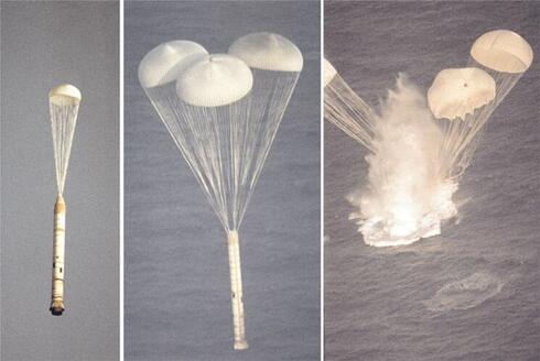 משמאל: המאיץ נופל ושולף מצנח ראשון, שלישיית המצנחים העיקריים נפתחת, ונוחתים בשלום בים, צילום: NASA
