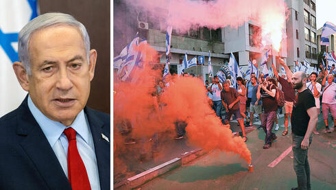 Benjamin Netanyahu (left) and the protests against his judicial overhaul. 