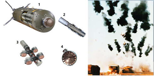 תהליך הפעולה של פצצת CBU97: המארזים (2) יוצאים מהפצצה (3), מפעילים מנוע כדי להאט נפילה ומוציאים פצצונות (3) שסורקות את הקרקע ומפעילות מטענים על המטרה (4) , צילום: USAF