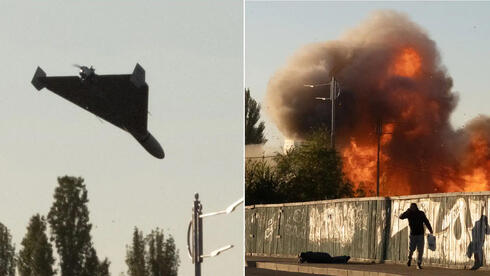 כטב"מ שאהד 136 מתוצרת איראן, רגע לפני הפגיעה - ורגע אחרי, צילום: AFP
