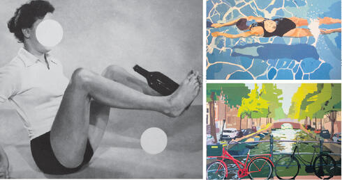 ציורים של גיל הלר. "שחיינית" (2020); "תעלה באמסטרדם" (2019); ו"תרגיל עם בקבוק" (2015). גם יצירתו מלאה בניגודים
, צילומים: גיל הלר, אלכס קולומויסקי