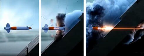 משמאל: הטיל מגיע למטרה, מטען קדמי חודר מיגון ראשוני, ומטען עיקרי מפלח את הטנק, צילום: tvzvezda 