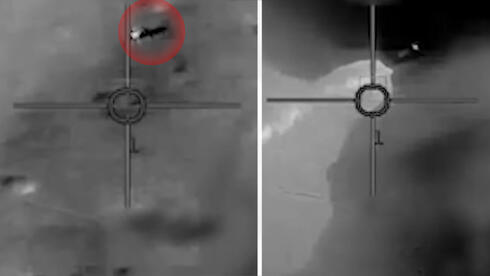 משמאל: טיל קודס תימני מתגלה, ואז נפגע מטיל אוויר אוויר ומתפוצץ, צילום: דובר צה"ל