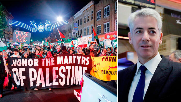 מימין ביל אקמן ו הפגנה פרו פלסטינית ברוקלין