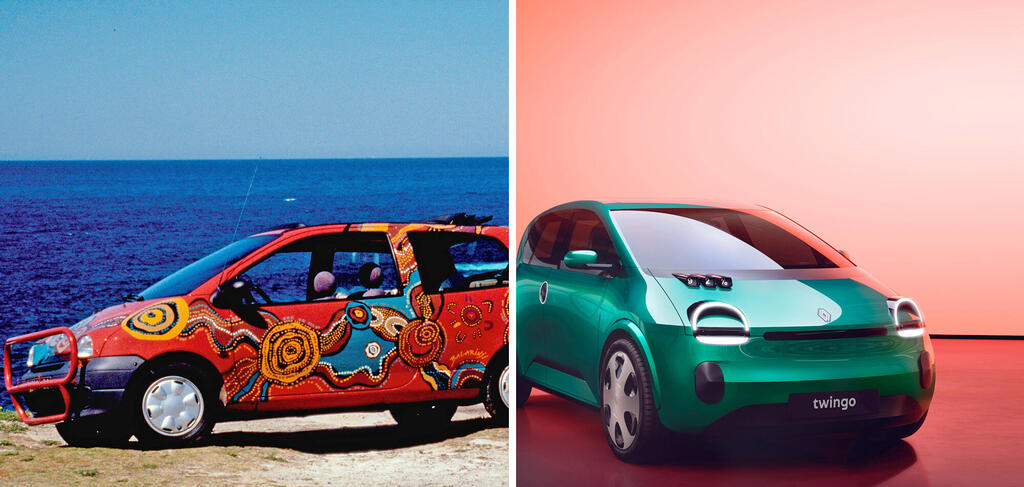 מימין רכב רנו טווינגו חשמלית מודל 2025 ו רנו טווינגו מודל 1995