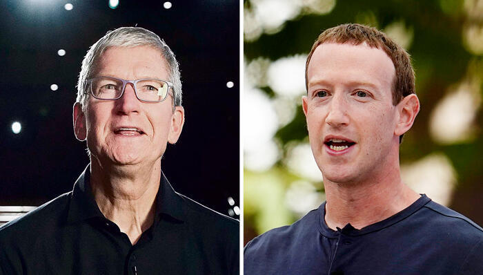 Apple CEO Tim Cook (left), Meta CEO Mark Zuckerberg  