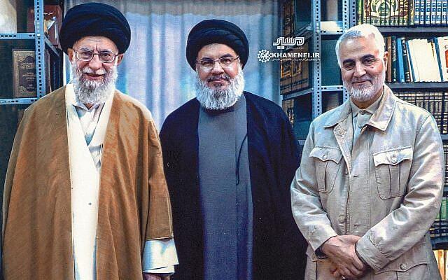 מימין: קאסם סולימני, חסן נסראללה והאייתולה חמנאי, צילום:    khamenei.ir 