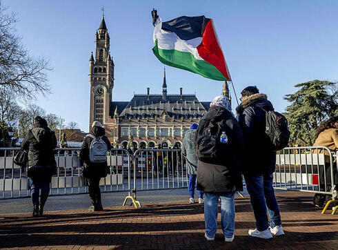 מפגינים פרו פלסטינים מול בית הדין הבינלאומי לצדק בהאג , היום, צילום: EPA/Remko de Waal