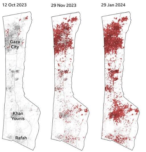 צילומי לוויין של הרצועה לפני ואחרי ה-7 באוקטובר (המבנים שניזוקו באדום),      